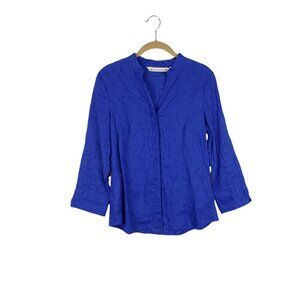 David Brooks Linen Button Up Top Royal Blue Swirl Embroidered Size Small